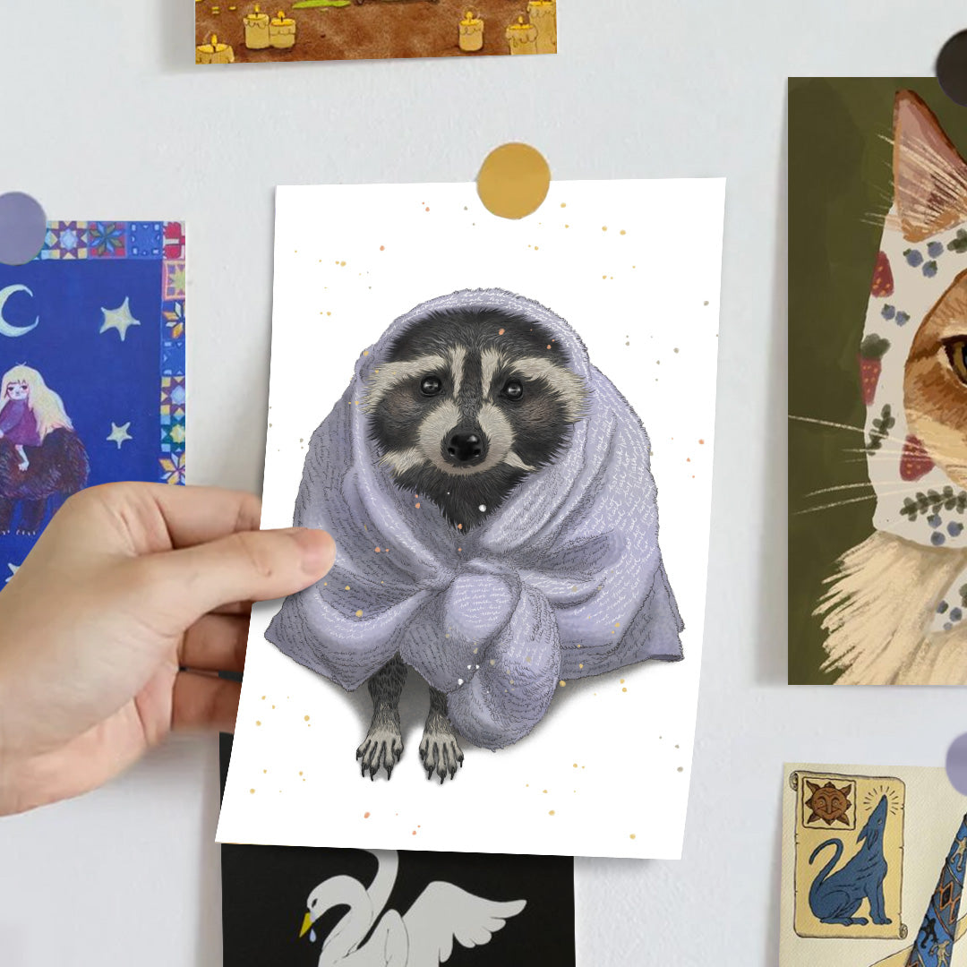 Postcard art of a cute raccoon wrap in a white hotel towel with a lot of details, on a gallery wall.