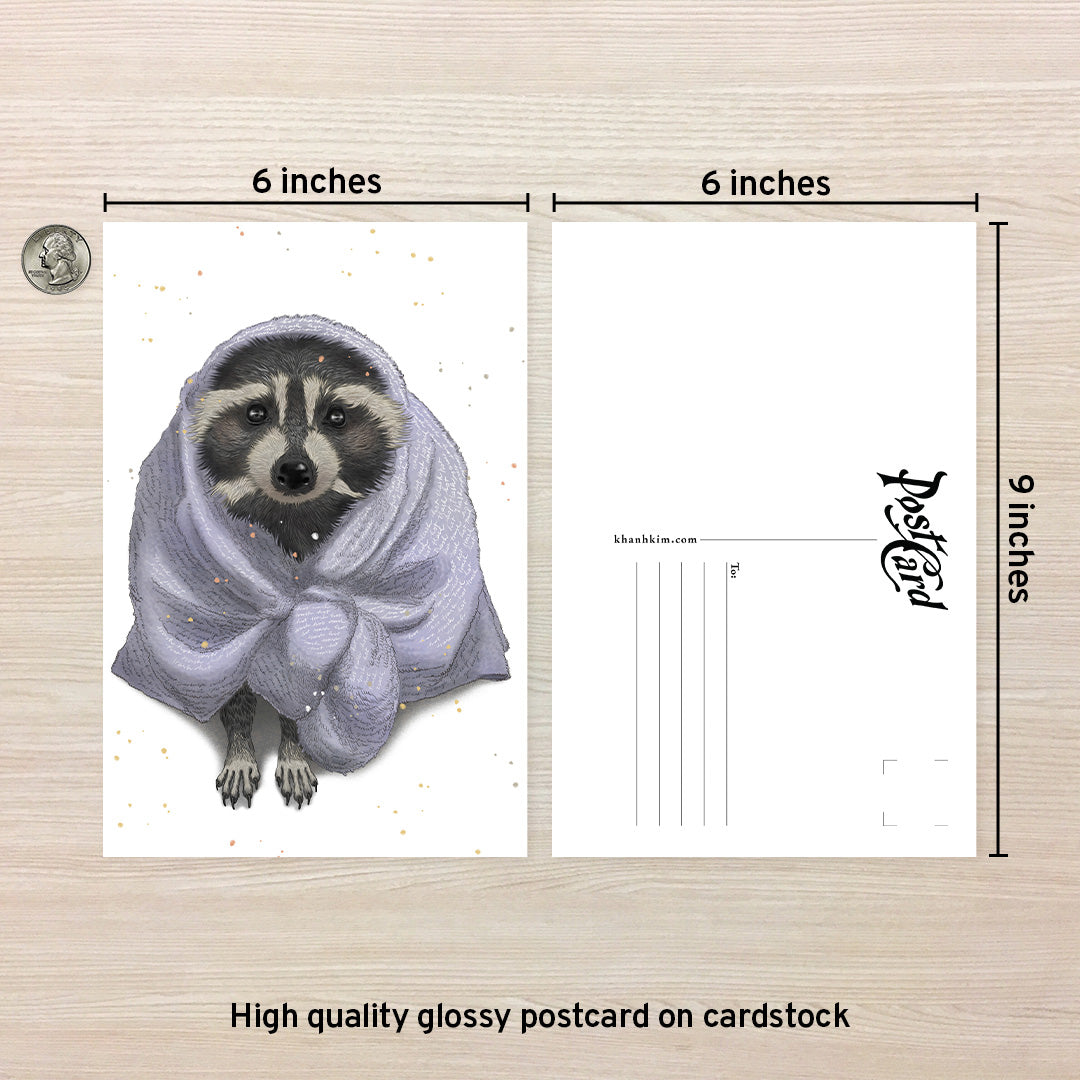 6 x 9 high-quality glossy postcard on card stock Postcard art of a cute raccoon wrap in a white hotel towel with a lot of details.