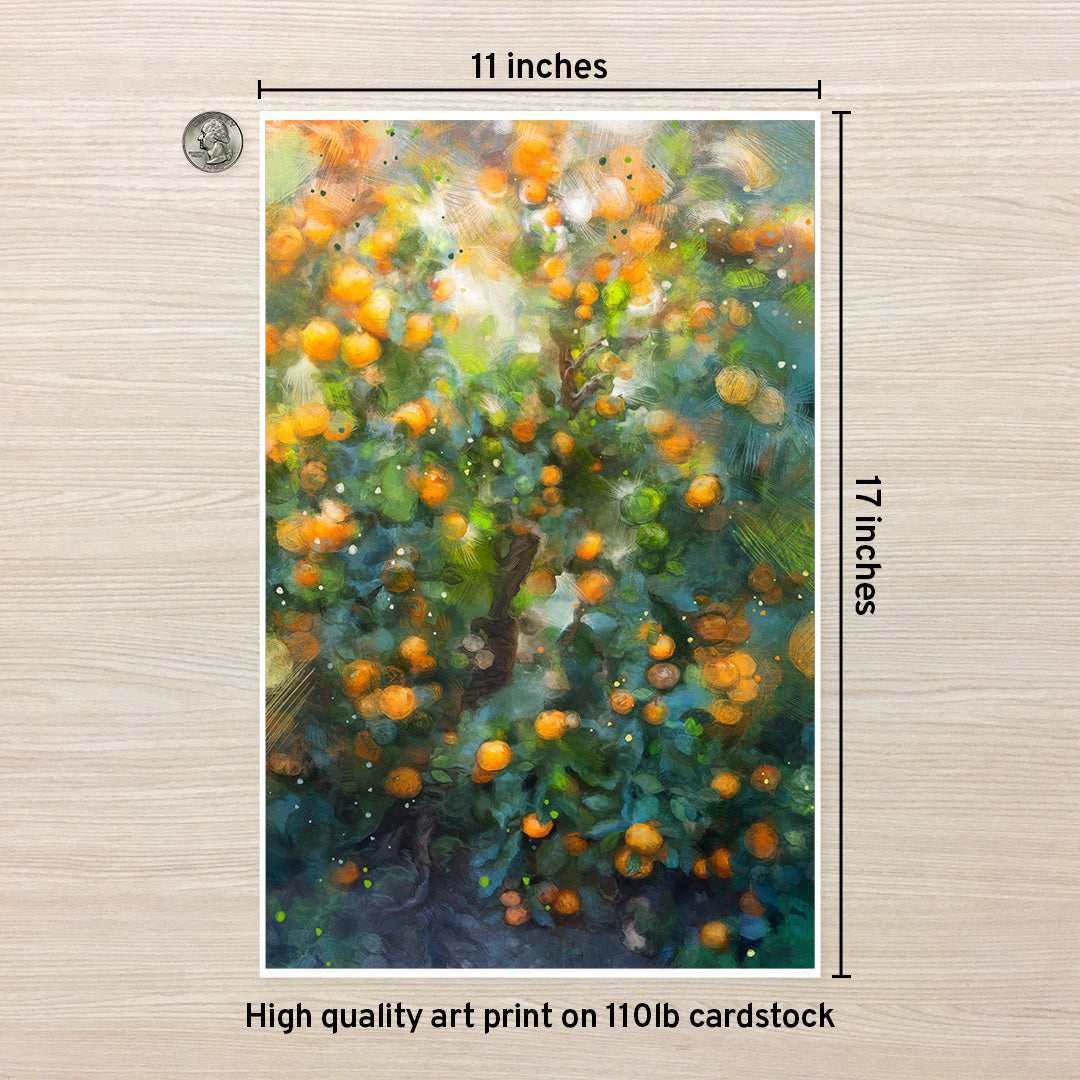 11 x 17 high quality art print on card stock of abstract art of a Florida orange tree under the sun, with lots of oranges and lots of detail