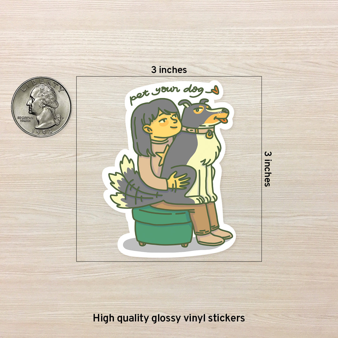 High quality glossy 3 x 3 vinyl stickers of a a cute Border collie dog sitting on the lab of a girl and she is petting his butt, the dog is wagging his tail, has side eyes and tongue out, the girl is saying pet your dog.