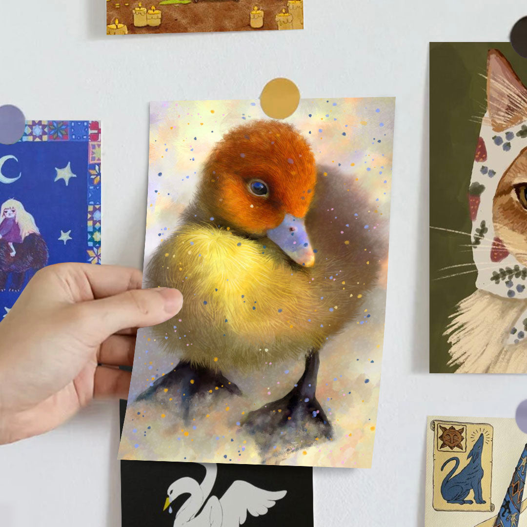 Postcard art of a cute little yellow duck with a red head and a blue beak with a lot of details, on a gallery wall.