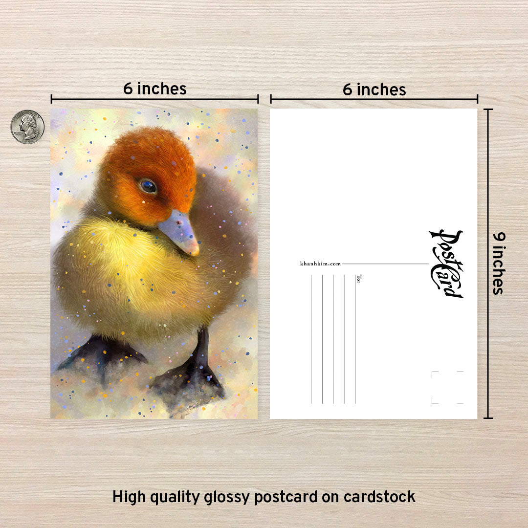 6 x 9 high-quality glossy postcard on card stock postcard art of a cute little yellow duck with a red head and a blue beak with a lot of details.