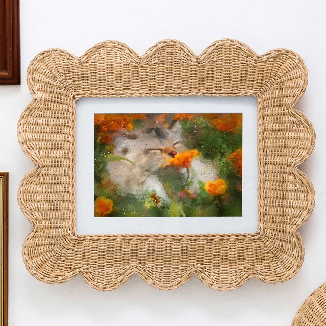 Postcard of a Very detailed abstract art of a white cat sniffing flowers, chilling in a flower filed framed on a wall