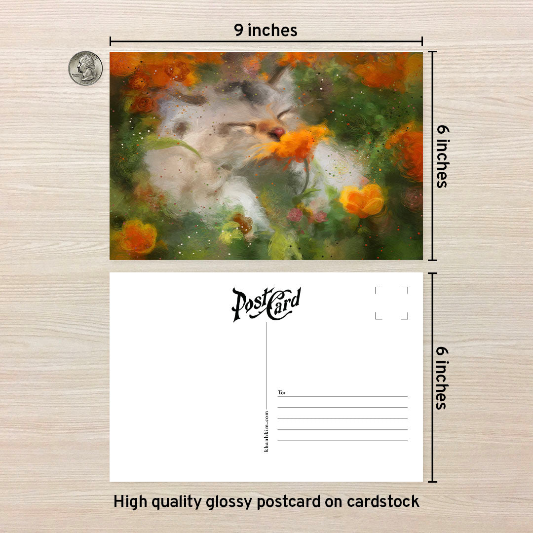 6 x 9 high-quality glossy postcard on card stock Postcard of a Very detailed abstract art of a white cat sniffing flowers, chilling in a flower filed.