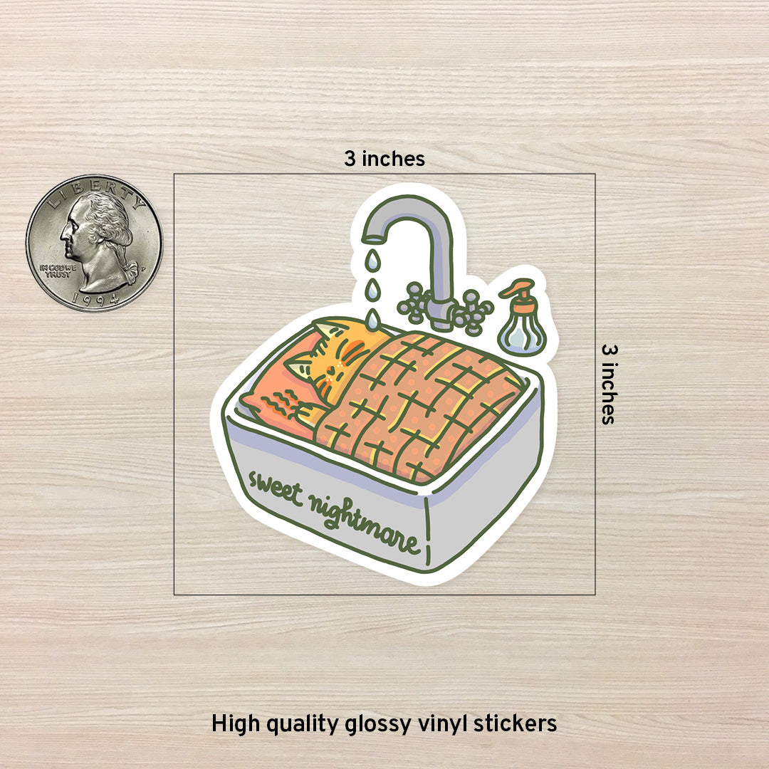 High quality glossy 3 x 3 vinyl stickers of a cute orange cat sleeping in the sink, but some water drops from the faucet is disturbing him.